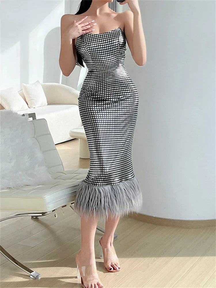 Strapless Grid Check Faux Fur Trim Hem Bodycon Midi Dress