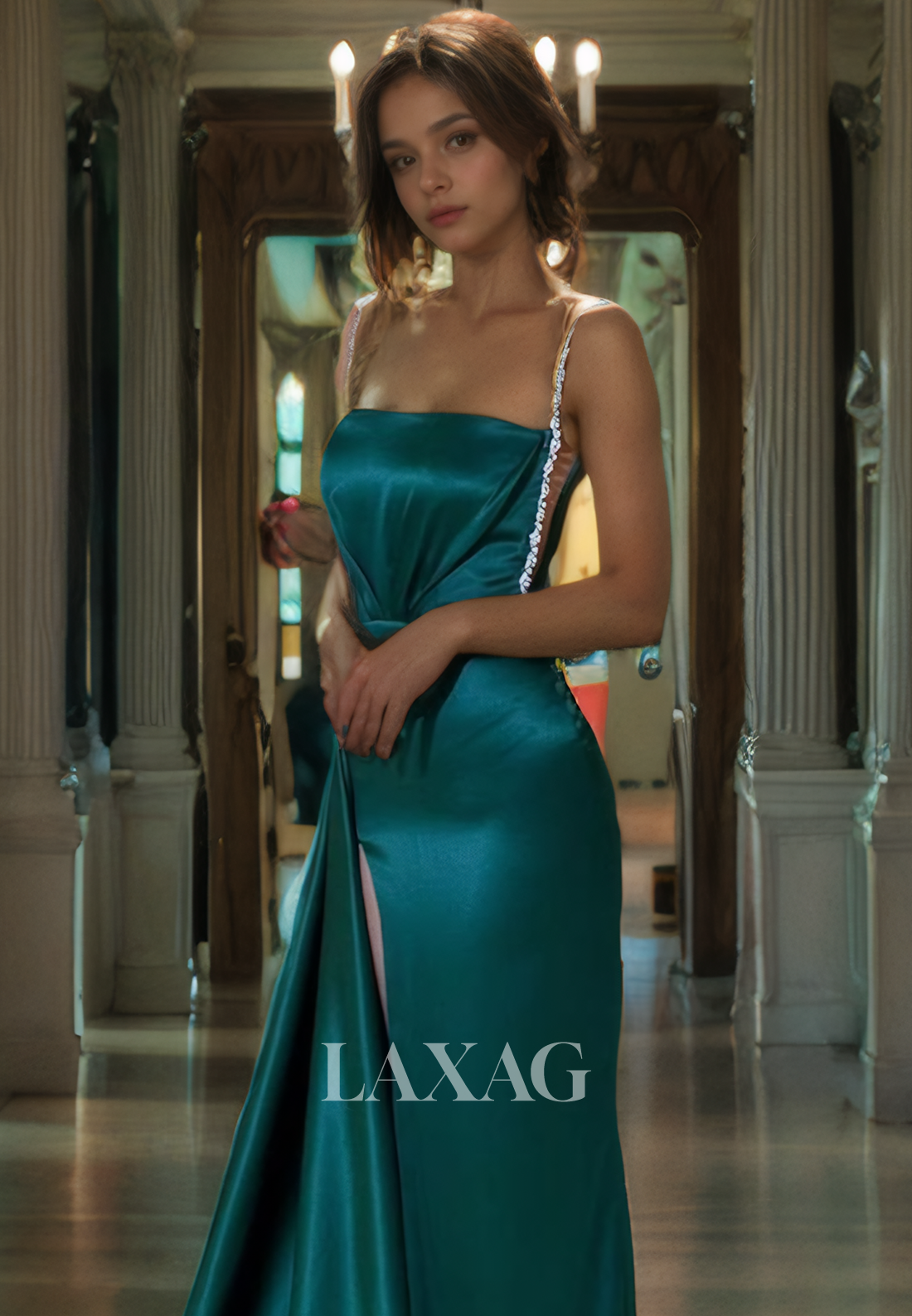 Spaghetti Straps Beaded Satin Party Gowns High Slit Pleated Formal Prom Dress with Sweep Train