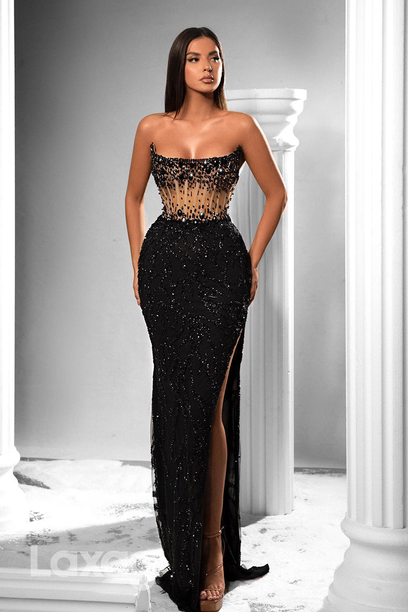 22095 - Strapless Sequins Beaded illusion High Split Mermaid Prom Dress