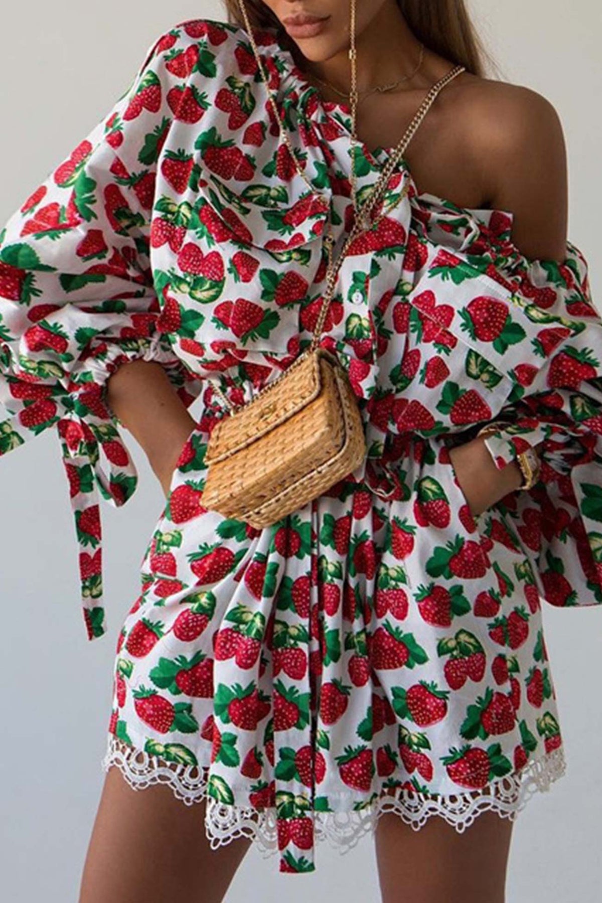 Strawberry Print Off Shoulder Puff Sleeve Lace Trim Mini Dress 2