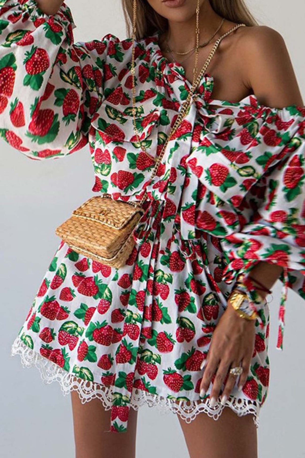 Strawberry Print Off Shoulder Puff Sleeve Lace Trim Mini Dress
