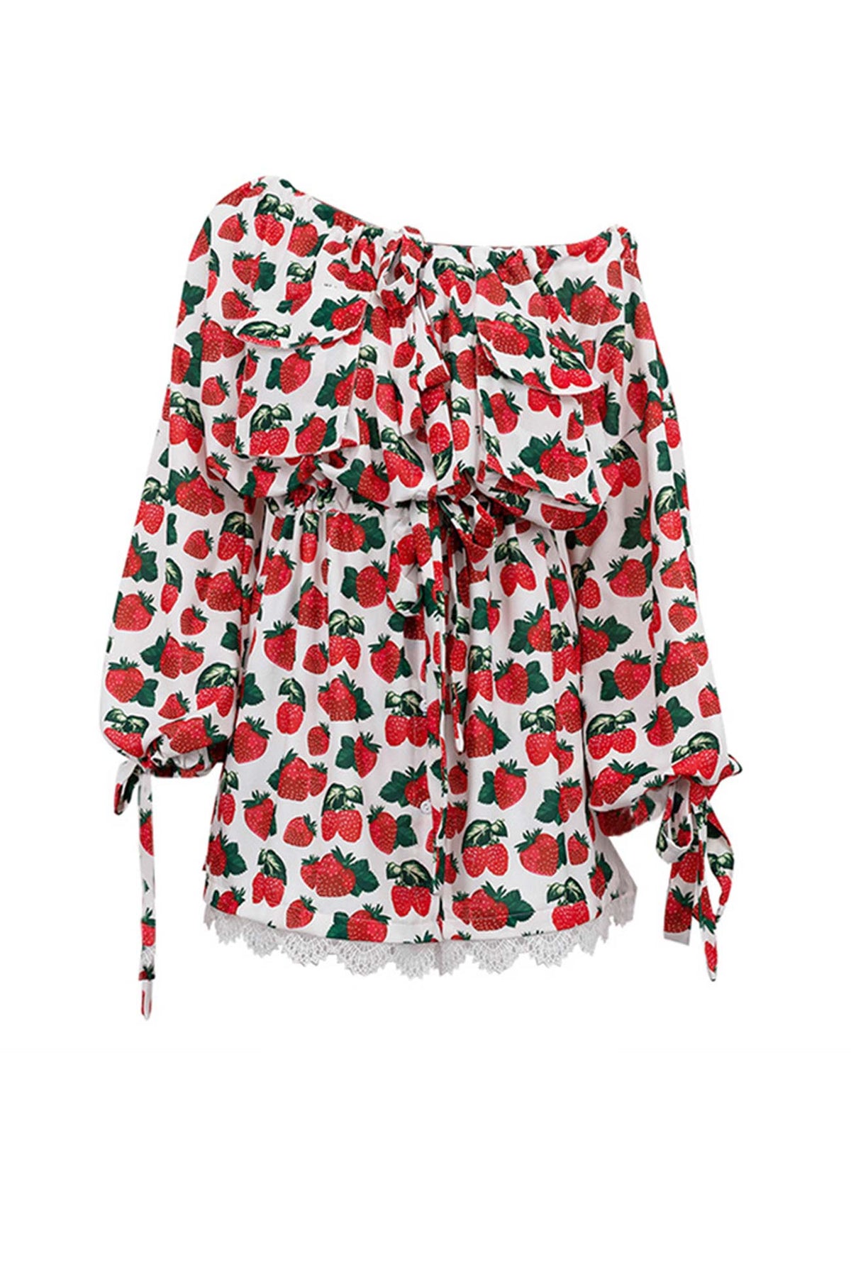 Strawberry Print Off Shoulder Puff Sleeve Lace Trim Mini Dress 4
