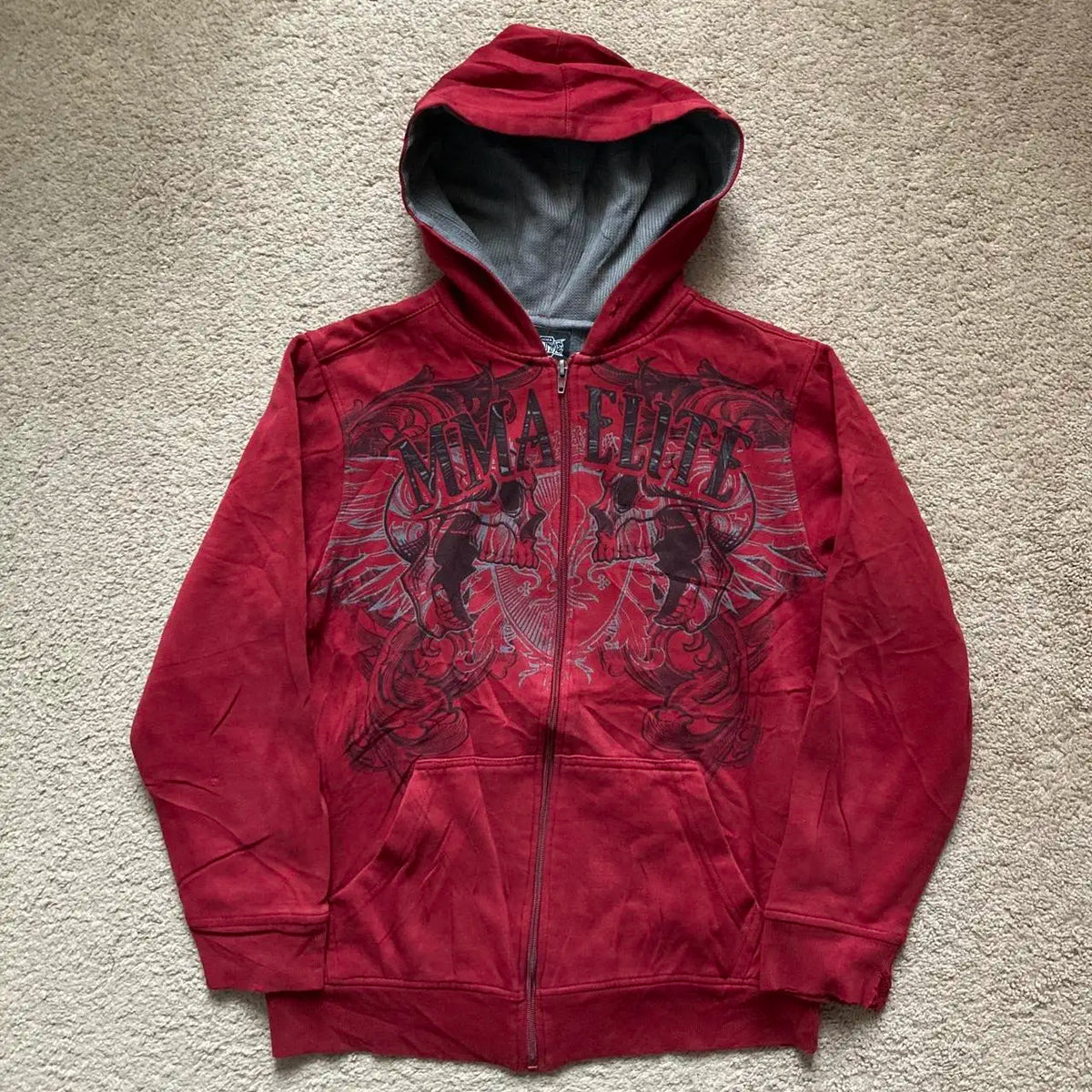 Mirrored Skull Graphic Print Washed Zip Front Hoodie 3