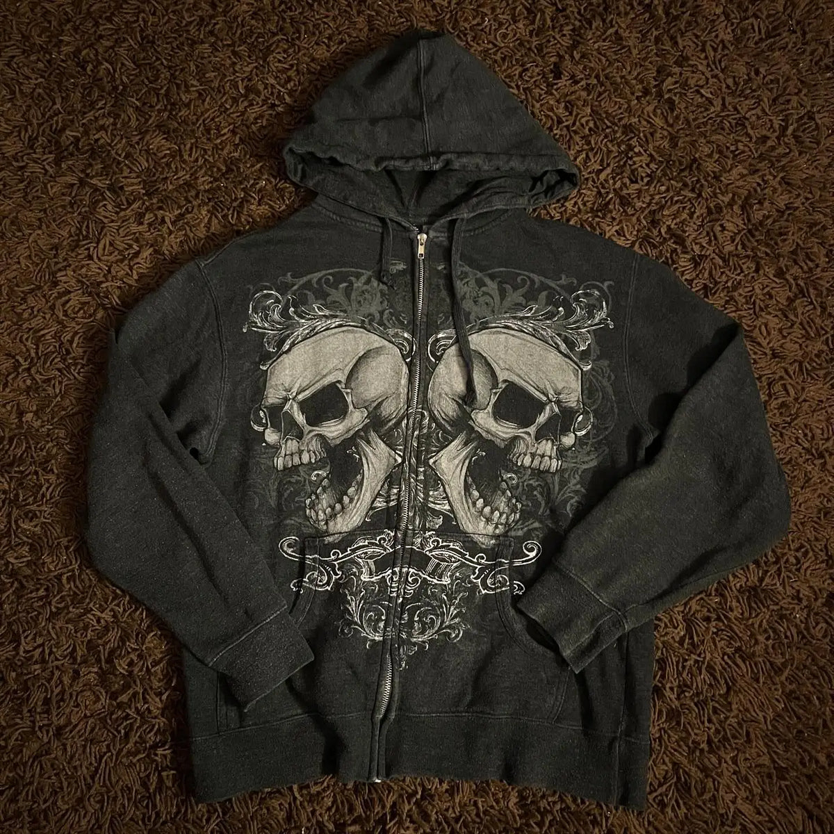Mirrored Skull Graphic Print Washed Zip Front Hoodie