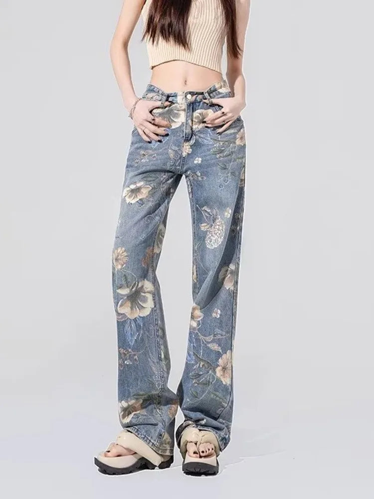 Floral Print High Waist Washed Straight Wide Leg Jeans