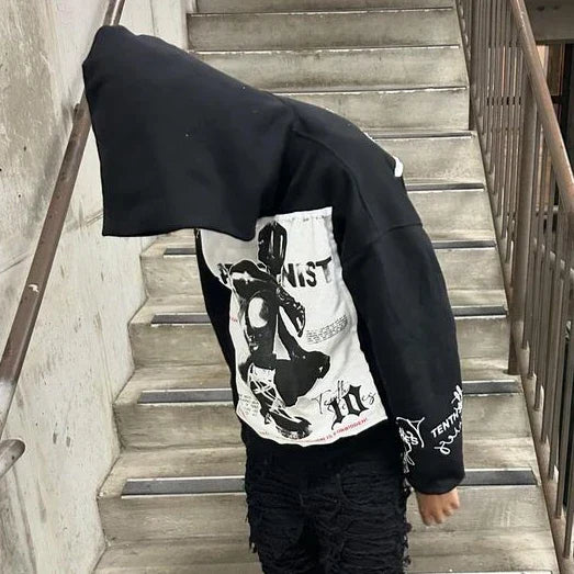 Graphic Back Patch Sleeve Print Oversized Pullover Hoodie