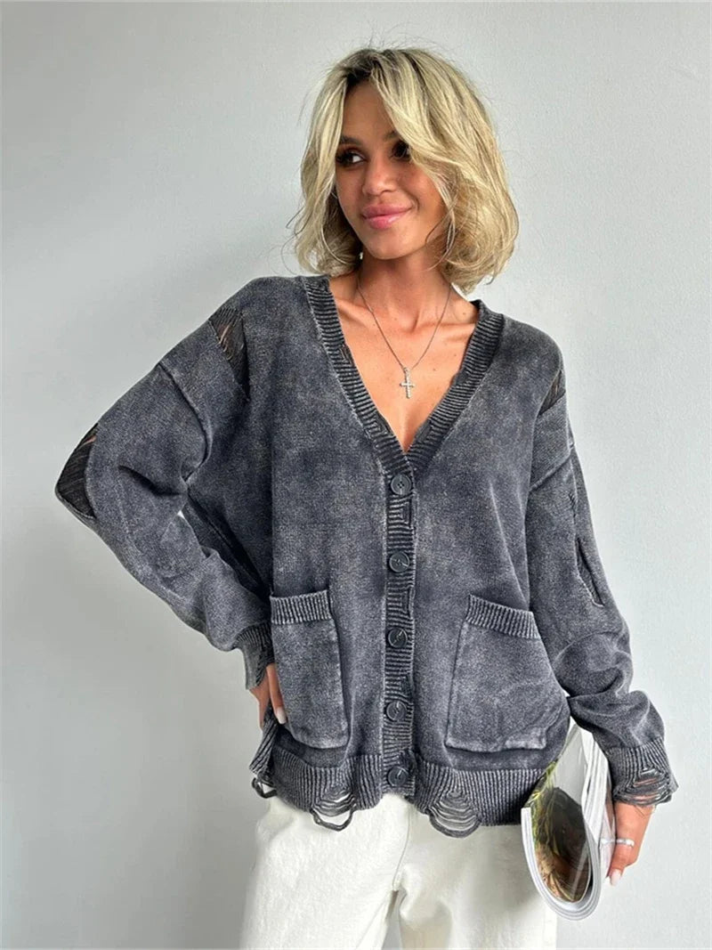 V-Neck Distressed Ripped Knit Button Front Pocket Oversized Cardigan 3