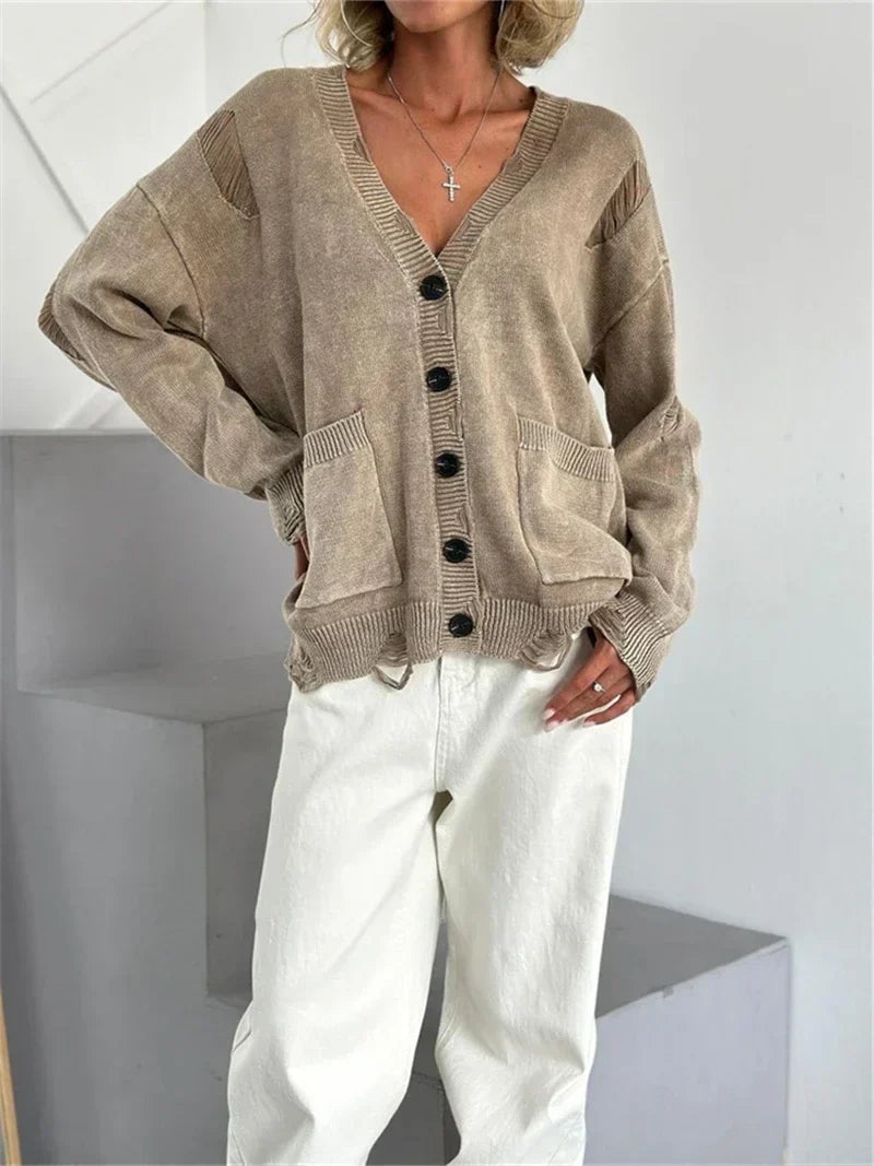 V-Neck Distressed Ripped Knit Button Front Pocket Oversized Cardigan 5