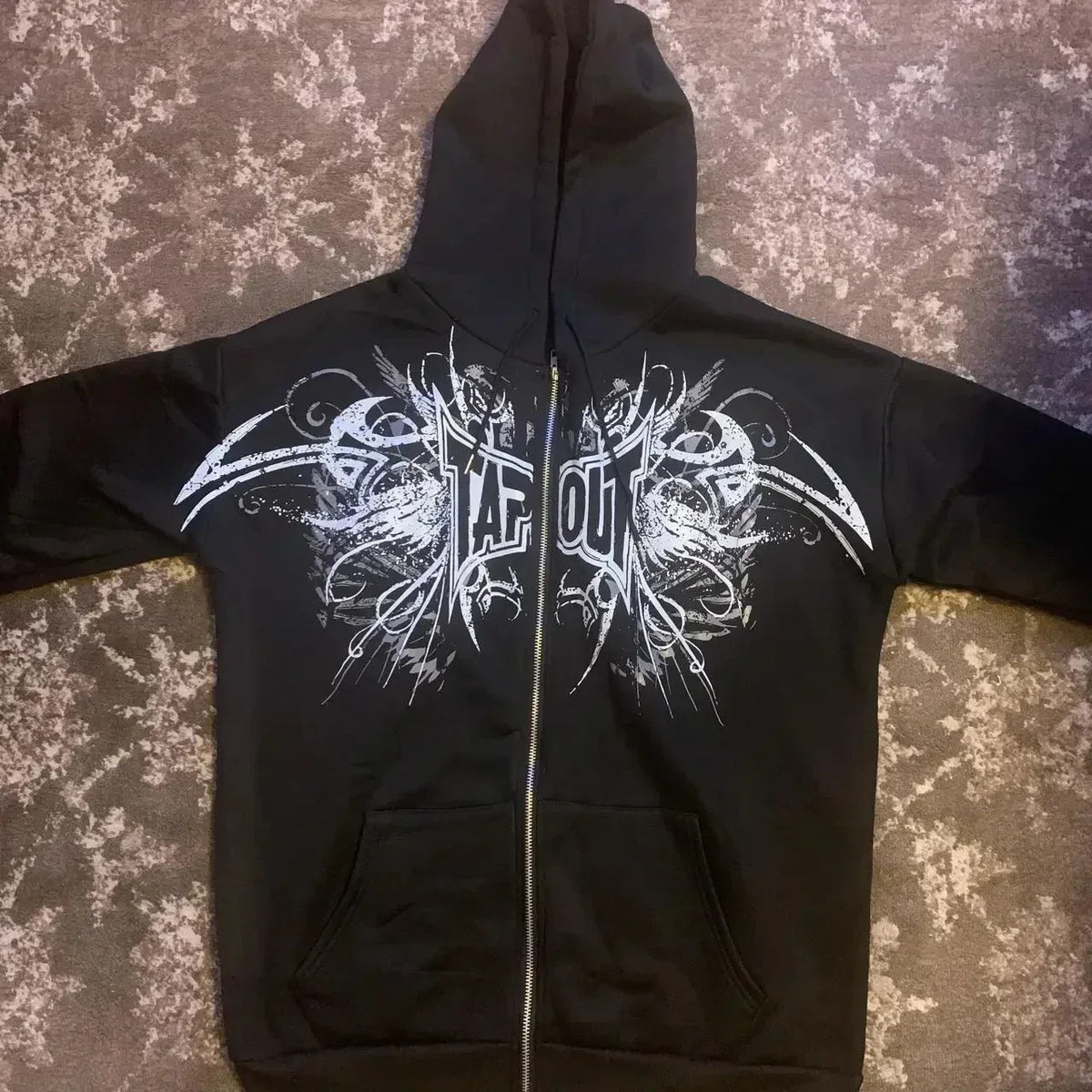 Gothic Tribal Wing Graphic Print Zip Front Hoodie