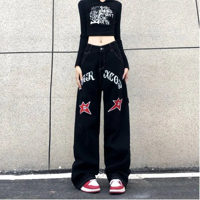 Star and Letter Embroidered Contrast Stitch Wide Leg Jeans 5