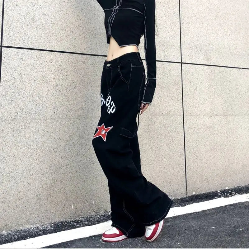 Wide Leg Stars Letter Print Jeans Pants