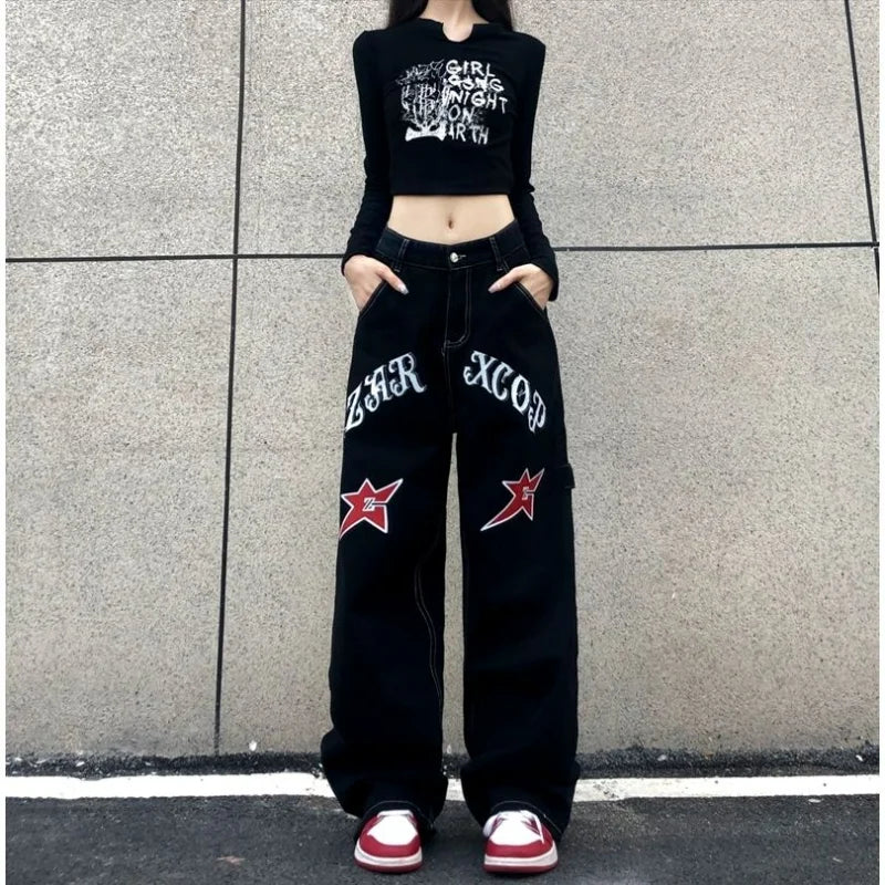 Star and Letter Embroidered Contrast Stitch Wide Leg Jeans