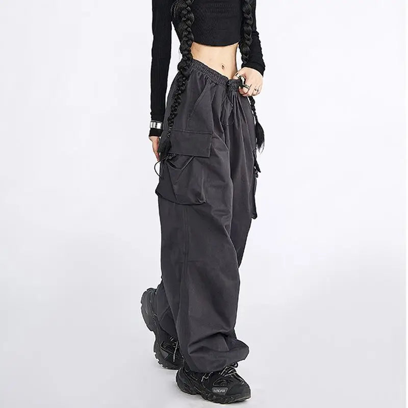 Elastic Waist Flap Pocket Toggle Hem Baggy Cargo Parachute Pants 5