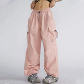Oversize Solid Cargo Drawstring Pants Pink / S