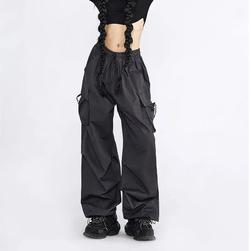 Elastic Waist Flap Pocket Toggle Hem Baggy Cargo Parachute Pants 4