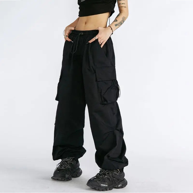 Elastic Waist Flap Pocket Toggle Hem Baggy Cargo Parachute Pants 2