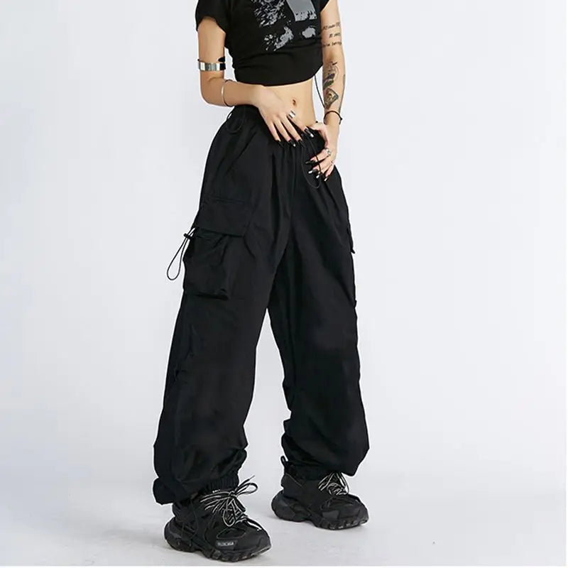 Elastic Waist Flap Pocket Toggle Hem Baggy Cargo Parachute Pants 6