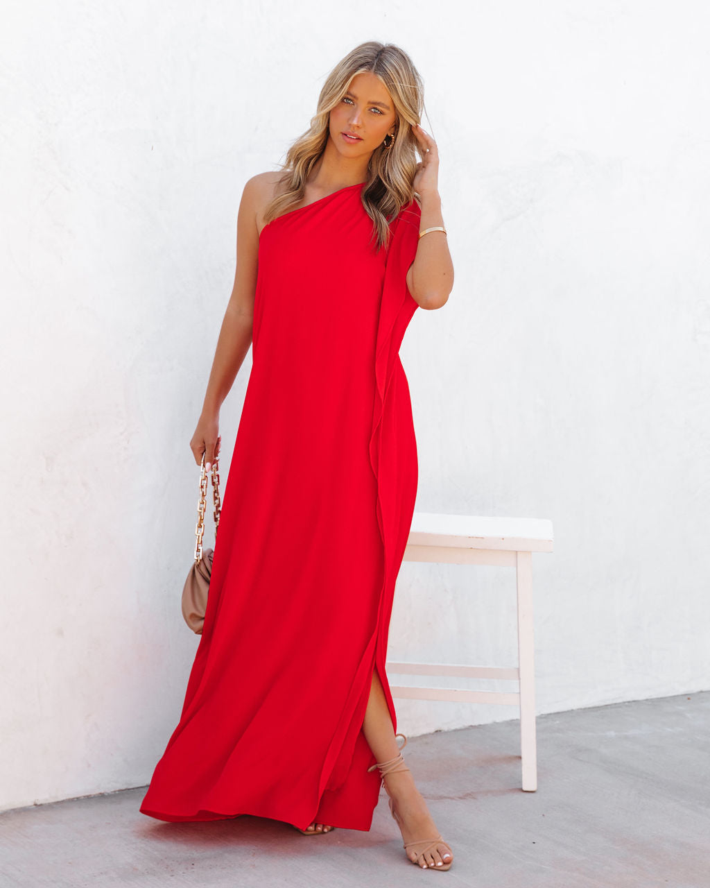 Strike A Pose One Shoulder Statement Maxi Dress Tomato Red