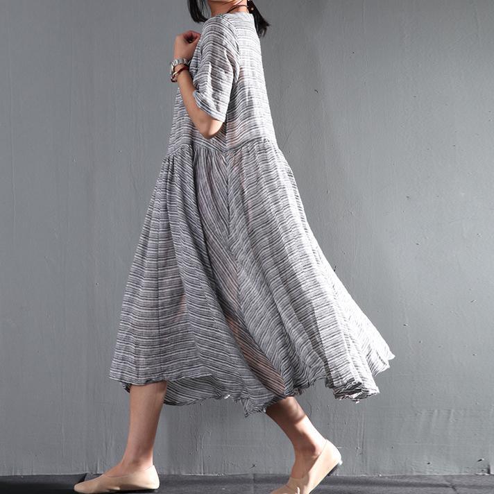 Striped gray flown linen sundress long causal summer maxi dresses oversize