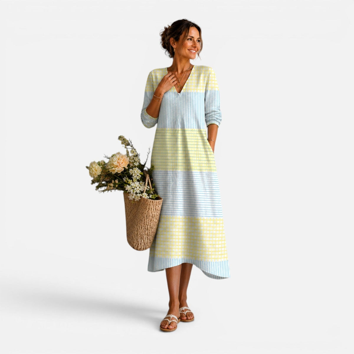 Women's Striped Midi Dress V-Neck Casual Summer Dress