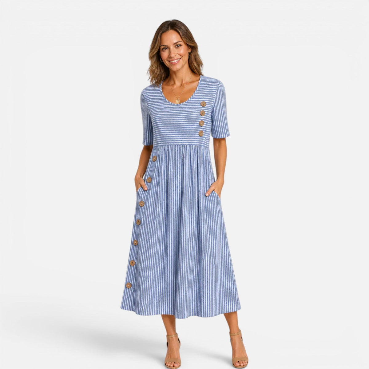 Striped Square Neck Short Sleeve Side Button Midi Dress