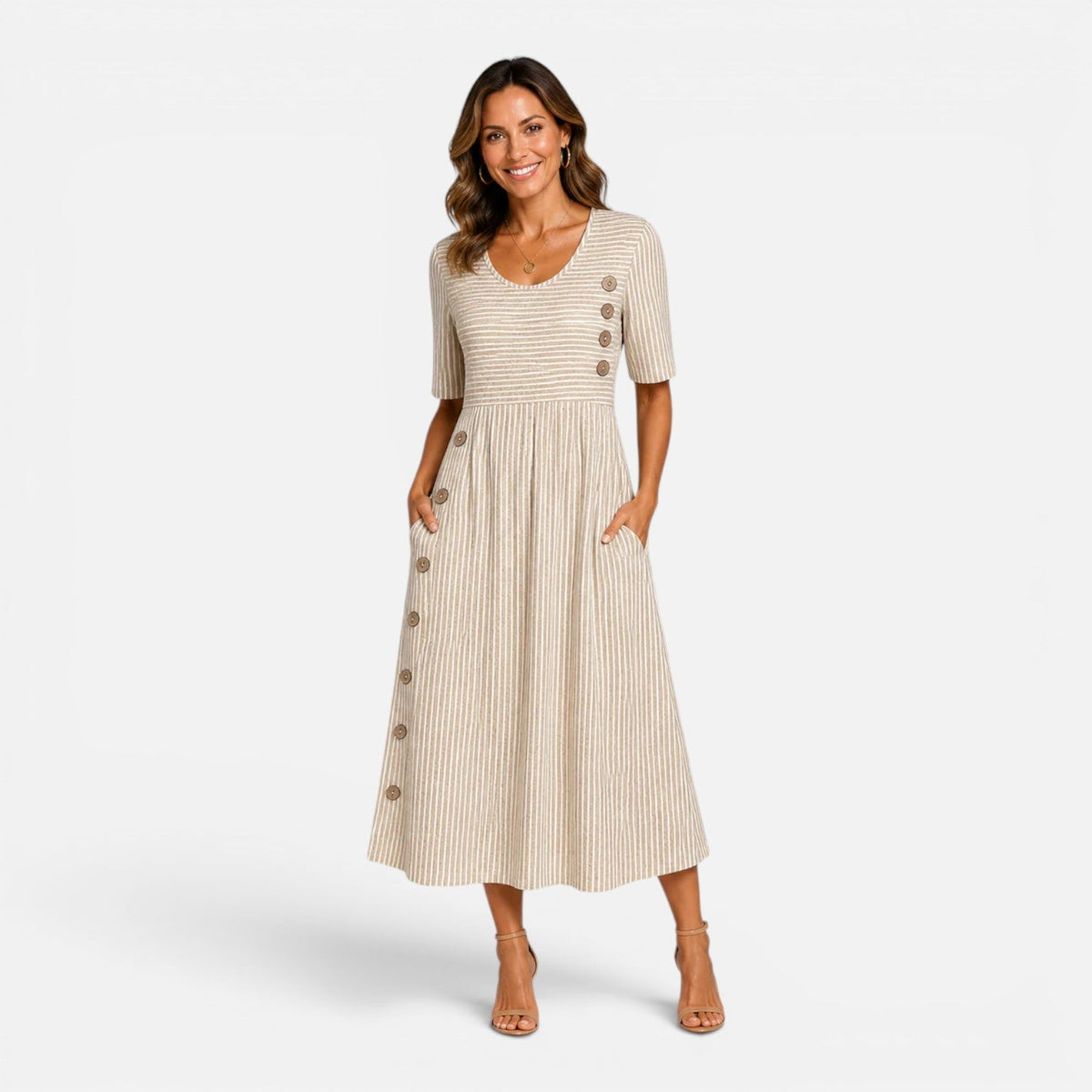 Striped Square Neck Short Sleeve Side Button Midi Dress
