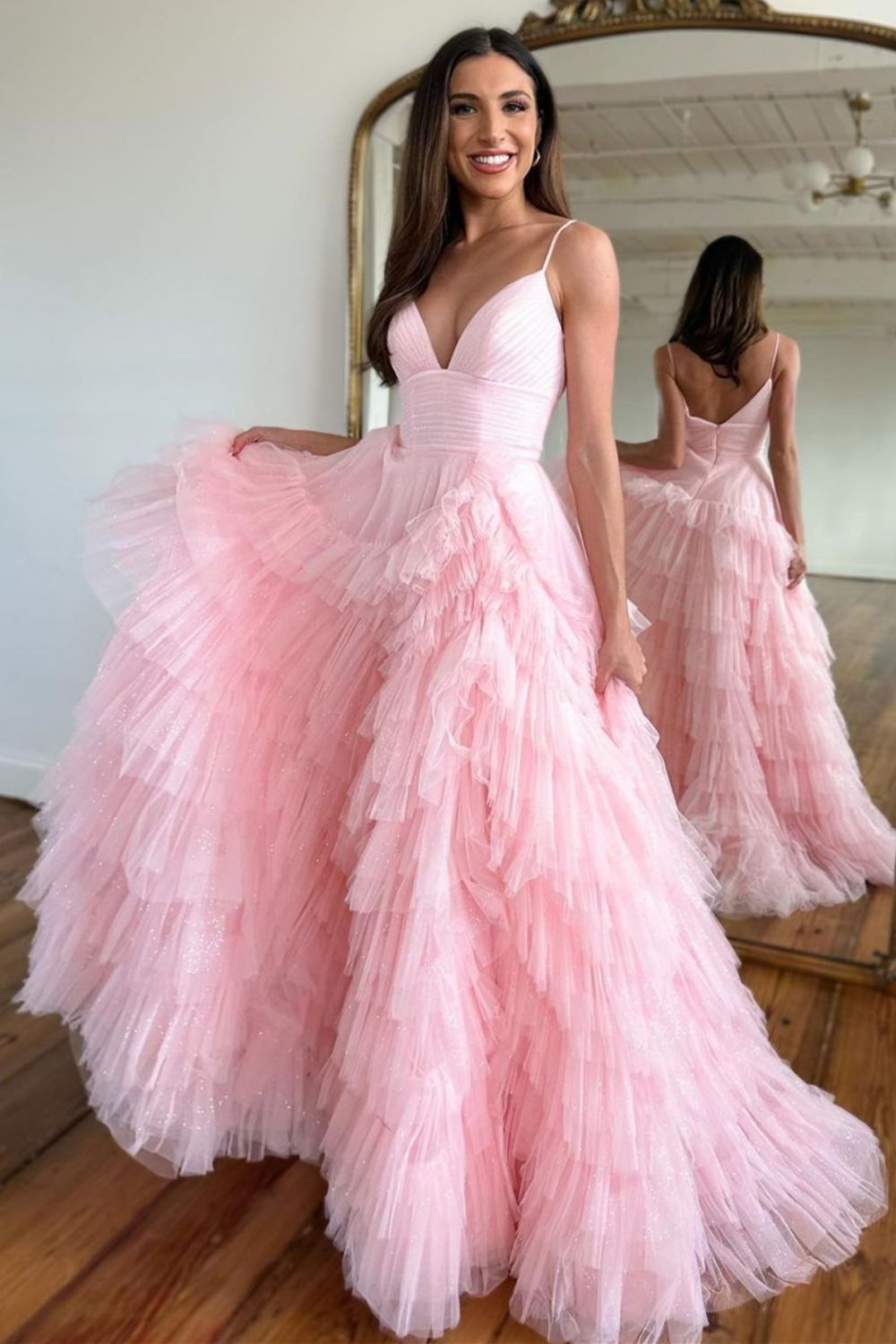 Princess A Line Spaghetti Straps Zipper Back Black Long Tulle Prom Dress