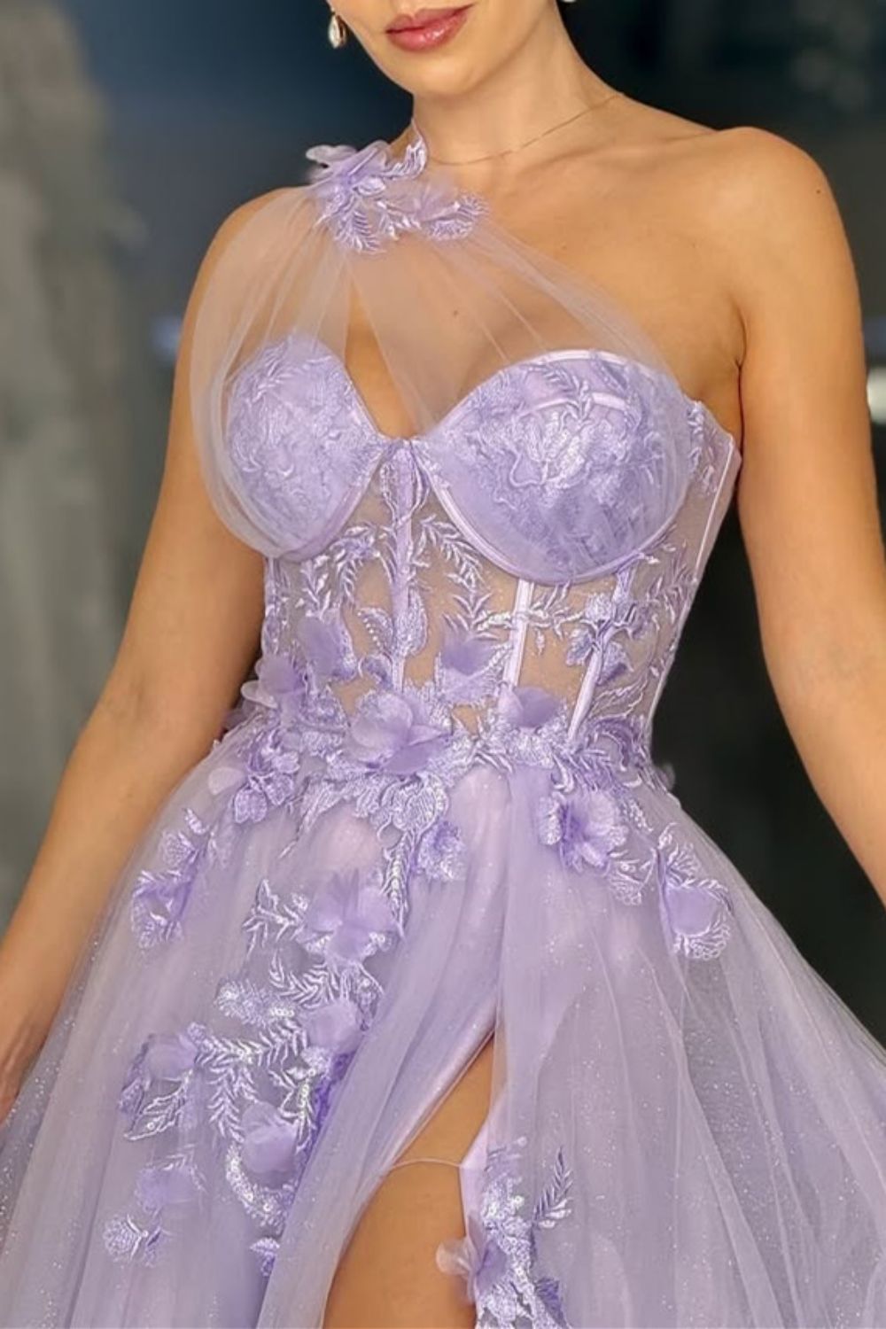 Stunning Lilac A-Line One Shoulder Long Tulle Formal Dress with Appliques