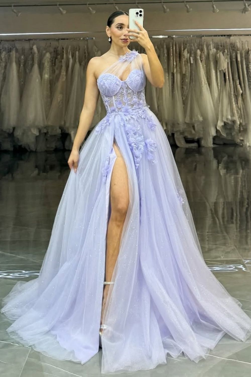 Stunning Lilac A-Line One Shoulder Long Tulle Formal Dress with Appliques