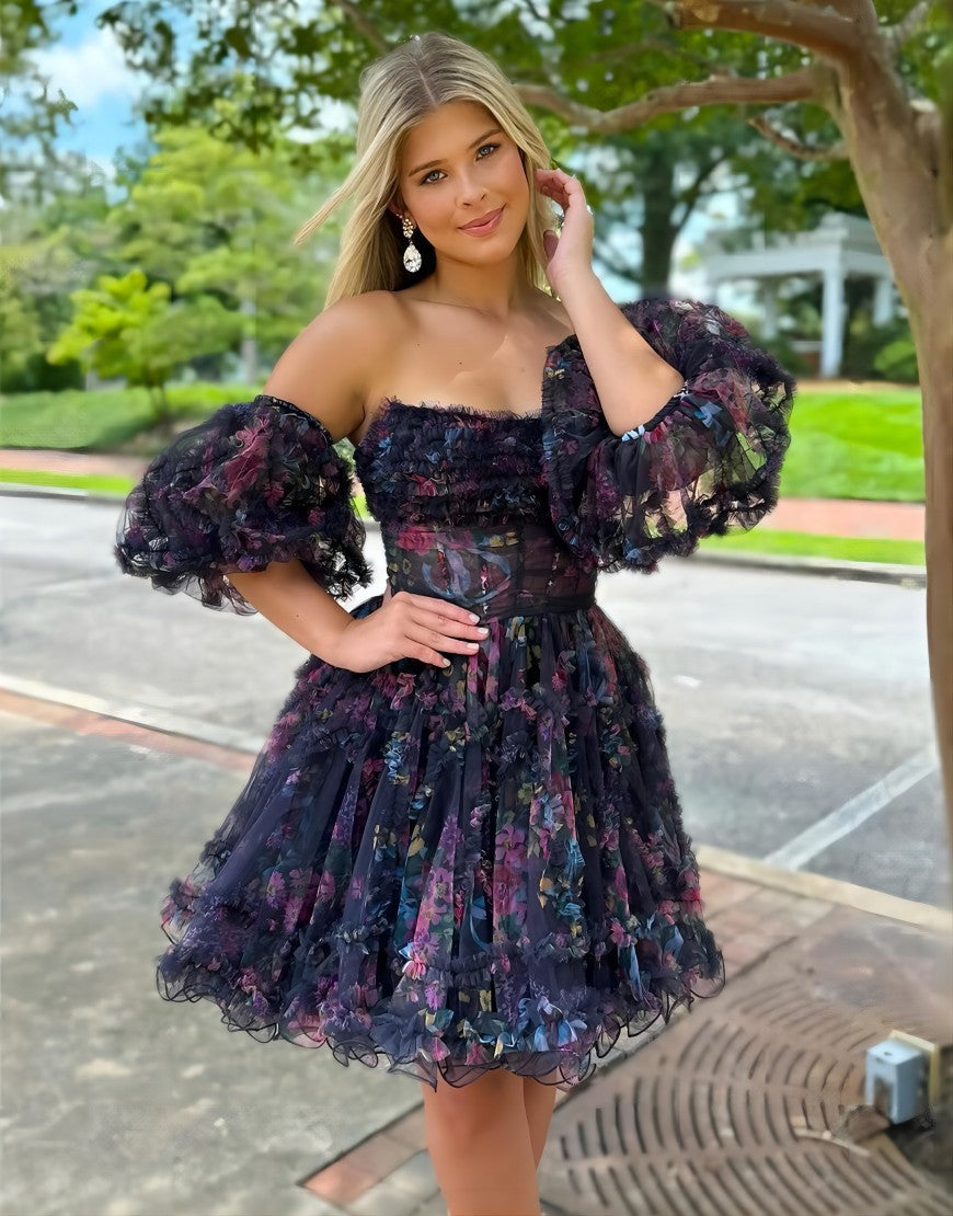 Pretty Black A-Line Homecoming Dress With Detachable Sleeves