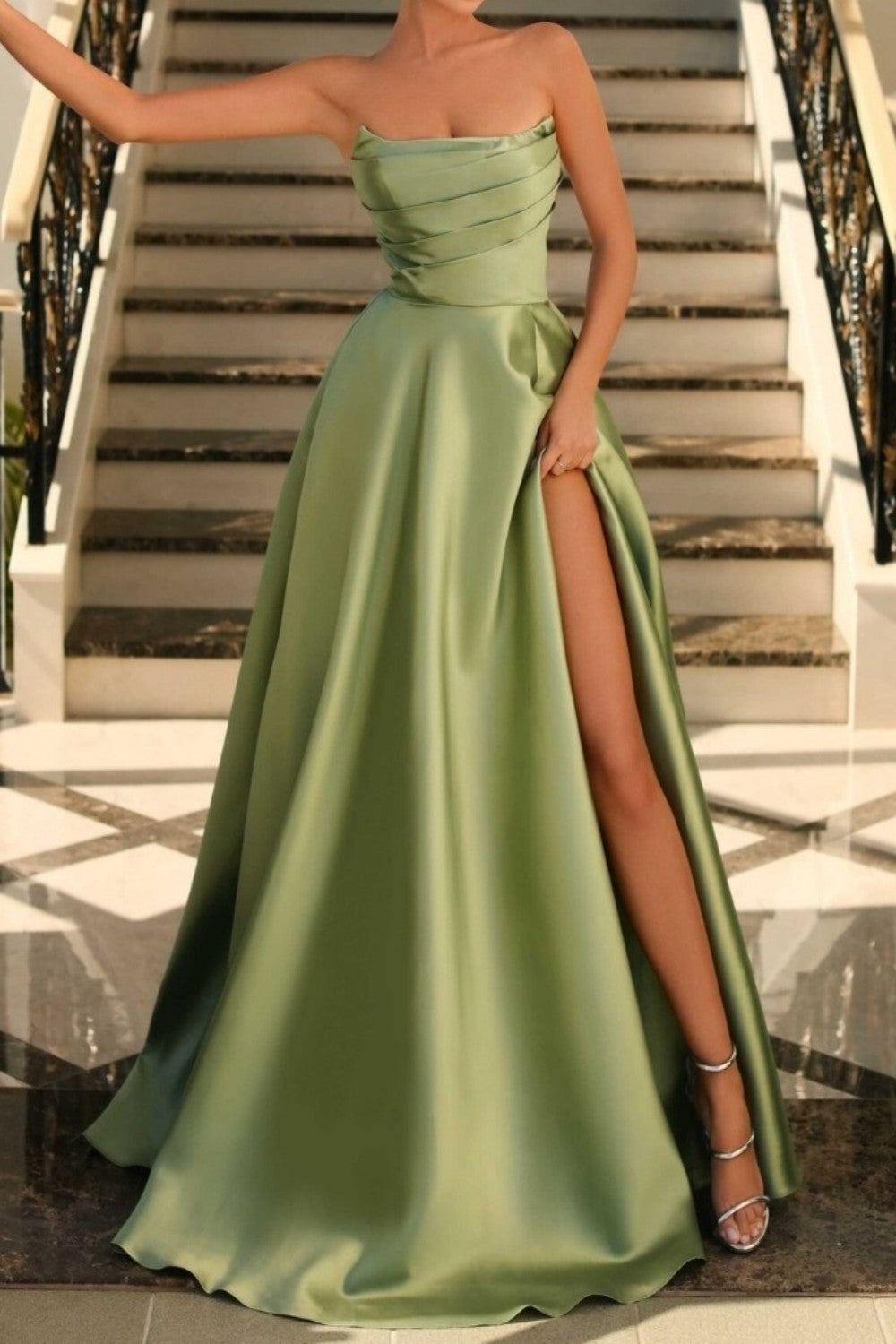 Stunning Sage Green A-Line Strapless Long Satin Prom Dress with Slit