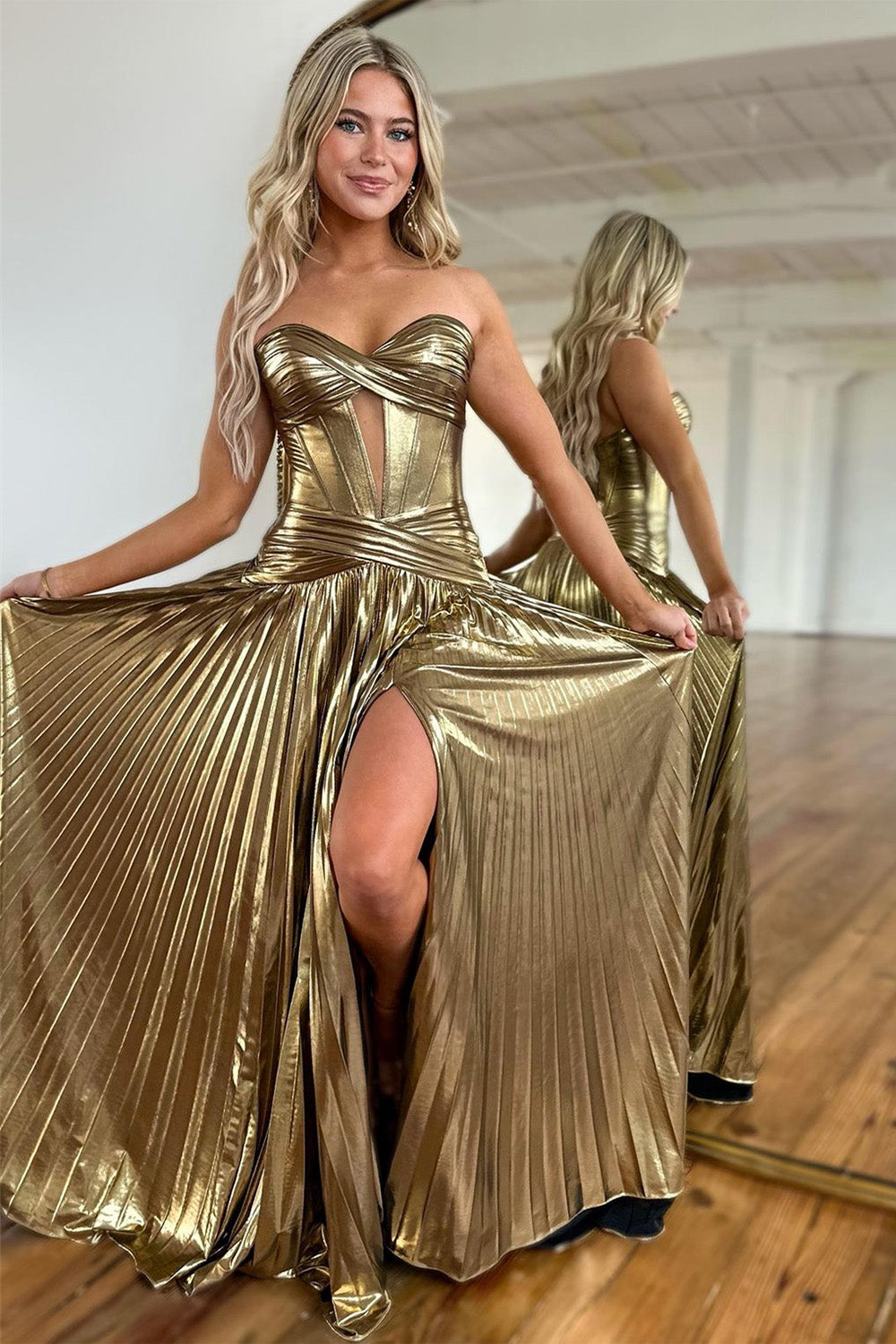 Sparkly Metallic Silver A-Line Sweetheart Long Prom Dress With Slit