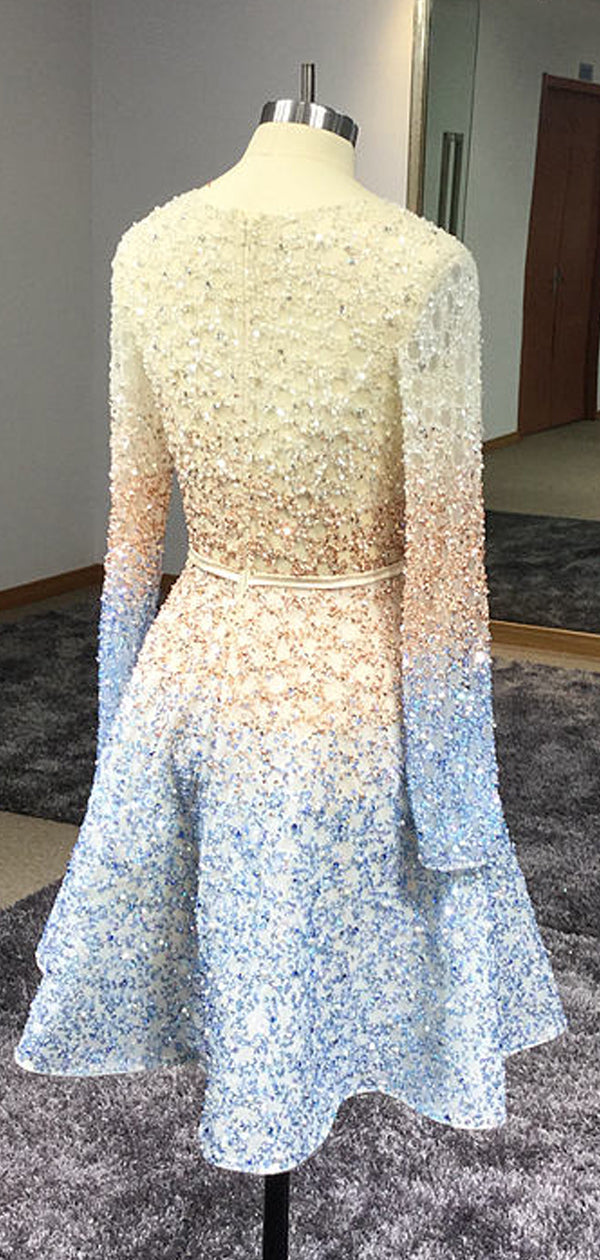 Stunning Sparkly Beading Sequin Long Sleeve V-neck Homecoming Dresses,HD0047