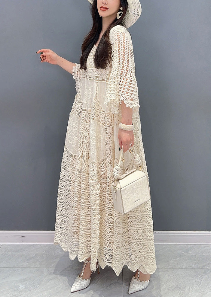Crochet Lace Patchwork Hollow Out Bell Sleeve Tiered Maxi Dress