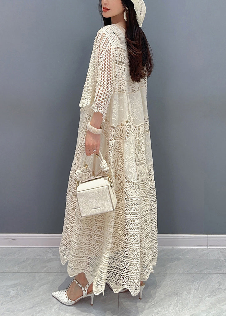 Crochet Lace Patchwork Hollow Out Bell Sleeve Tiered Maxi Dress