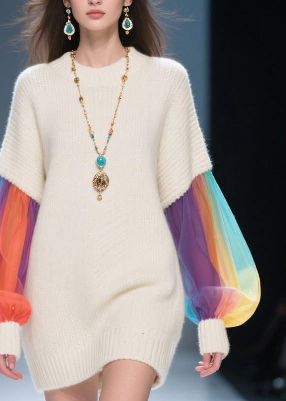 Knit Crew Neck Tulle Lantern Sleeve Ribbed Cuff Mini Sweater Dress