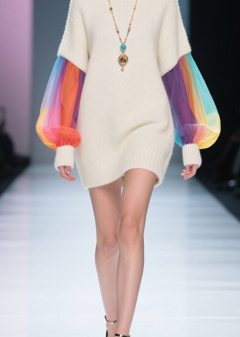 Knit Crew Neck Tulle Lantern Sleeve Ribbed Cuff Mini Sweater Dress