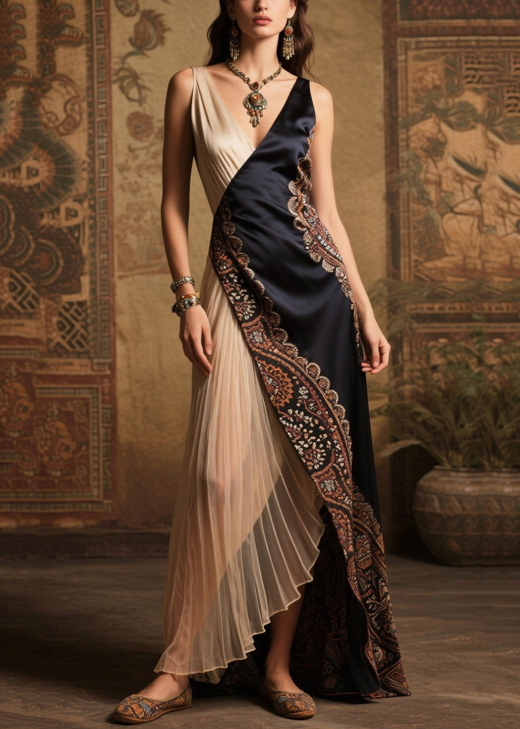 Paisley Border Print Asymmetrical Wrap Pleated Panel Deep V-Neck Maxi Gown