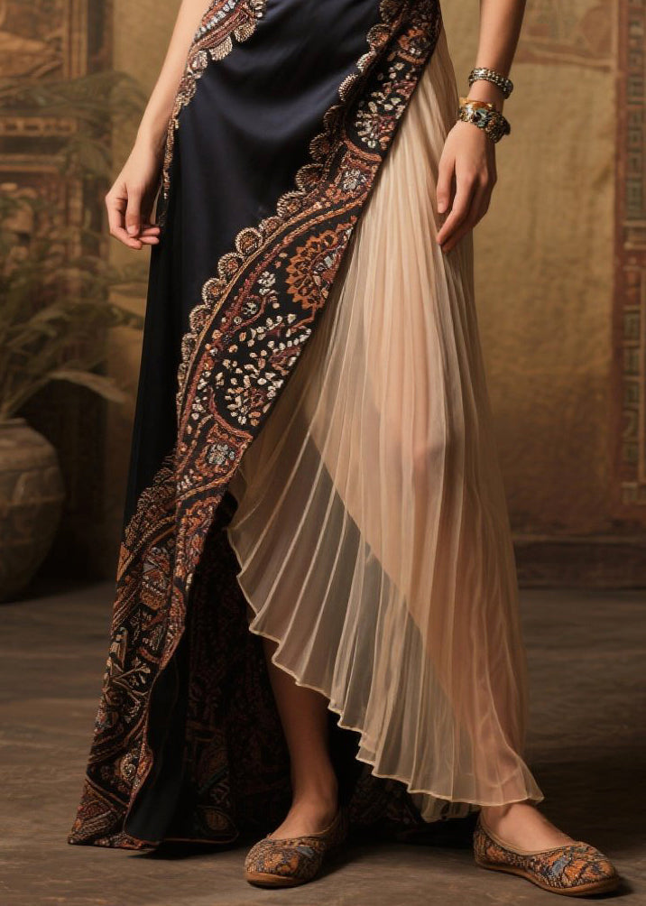 Paisley Border Print Asymmetrical Wrap Pleated Panel Deep V-Neck Maxi Gown