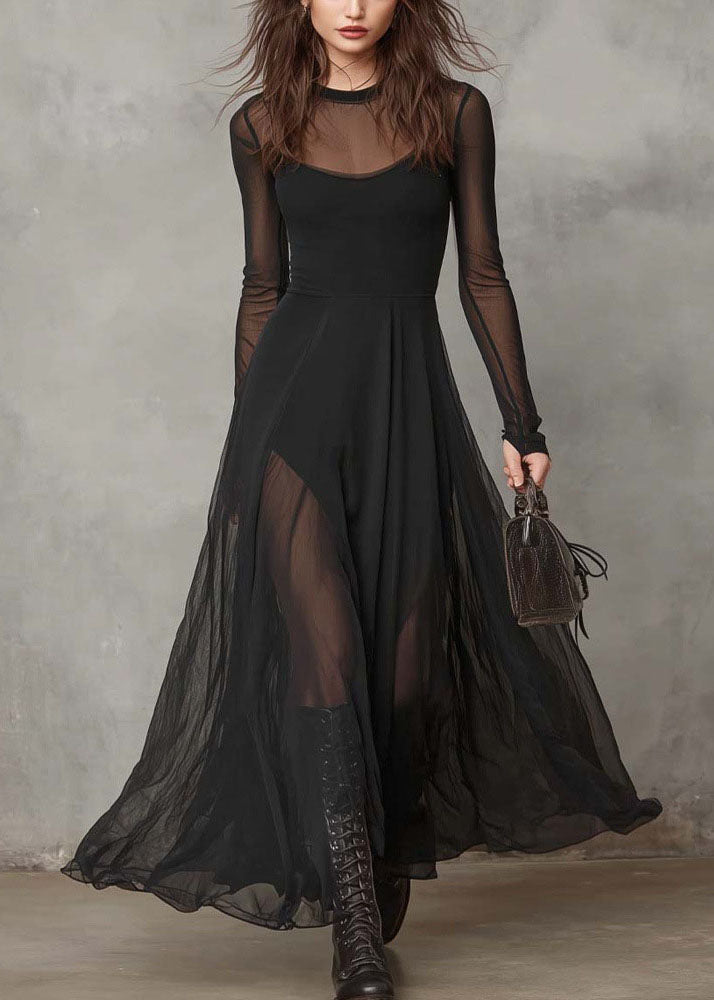 Mesh Crew Neck Long Sleeve Thumbhole Layered Sheer Hem Maxi Dress