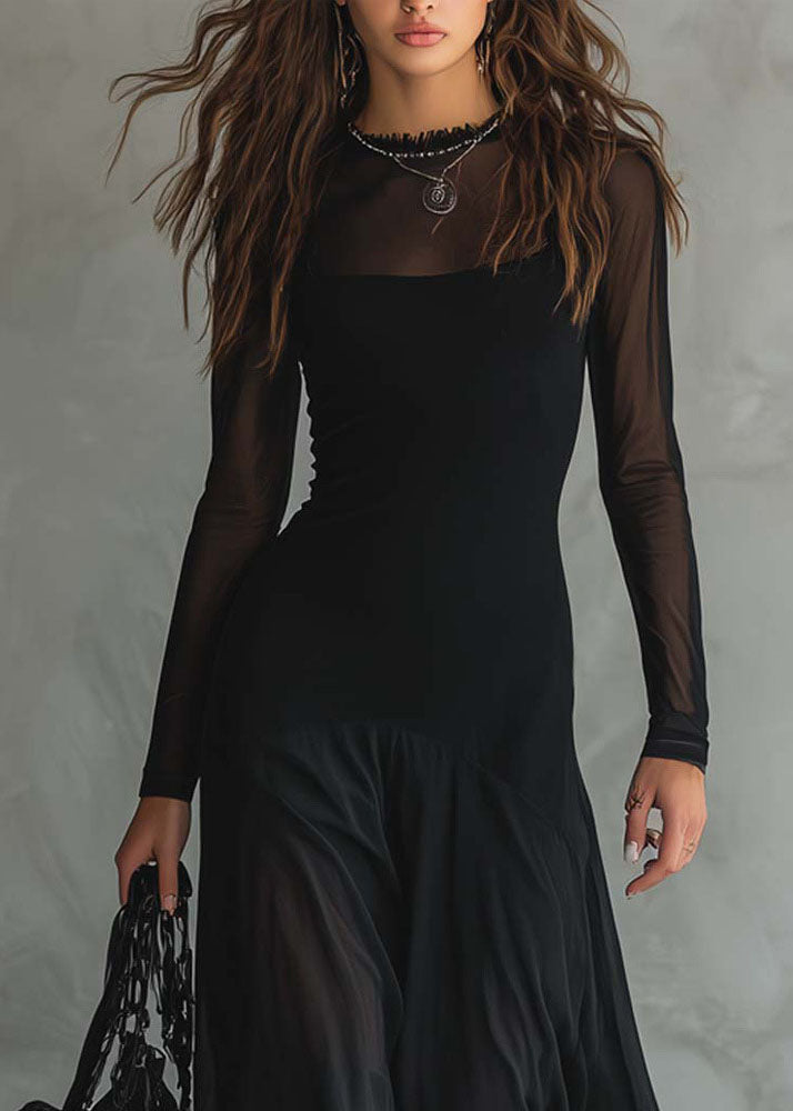 Mesh Crew Neck Long Sleeve Thumbhole Layered Sheer Hem Maxi Dress