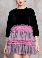 Style Black O Neck Ruffled Tulle Patchwork Velvet Mini Dress Summer 2
