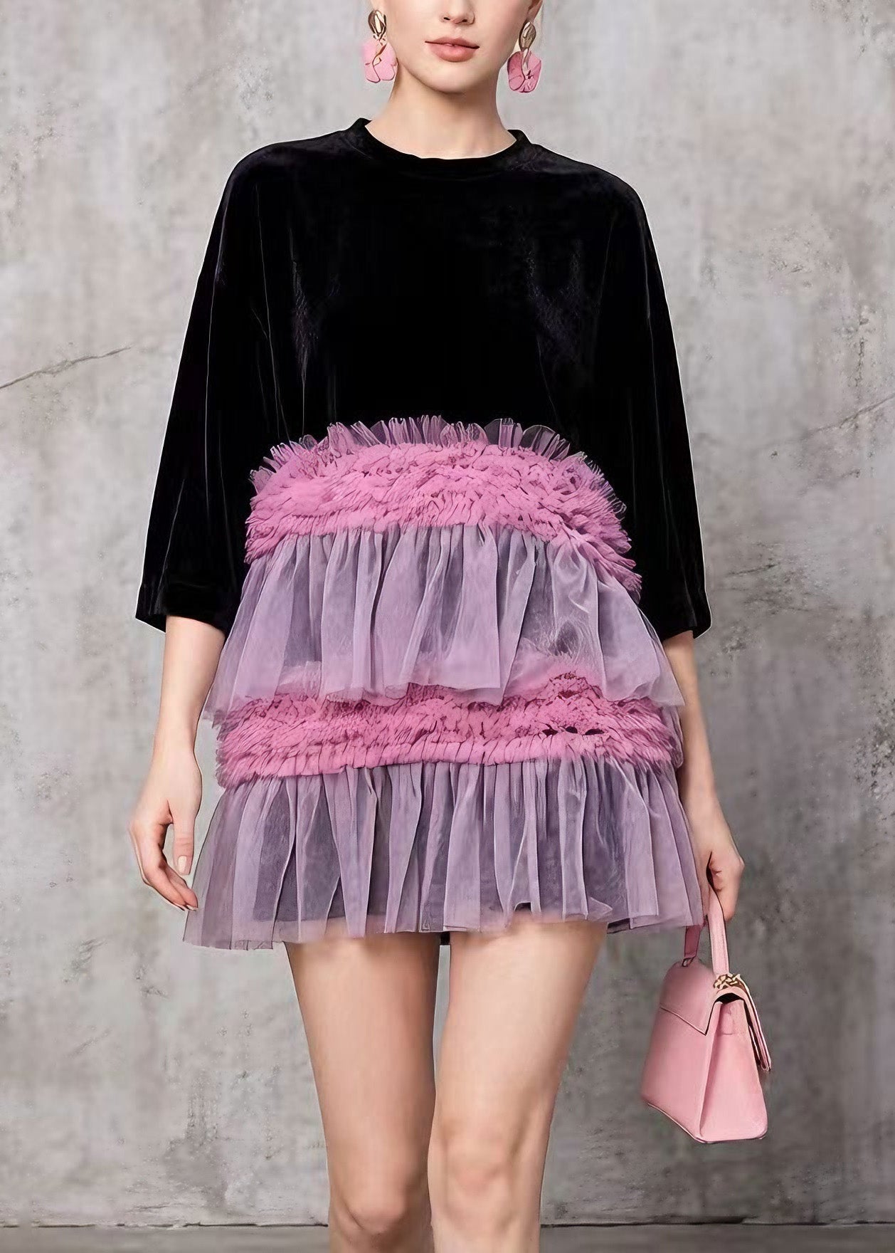 Style Black O Neck Ruffled Tulle Patchwork Velvet Mini Dress Summer 3
