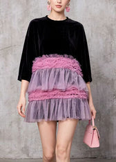 Style Black O Neck Ruffled Tulle Patchwork Velvet Mini Dress Summer 3