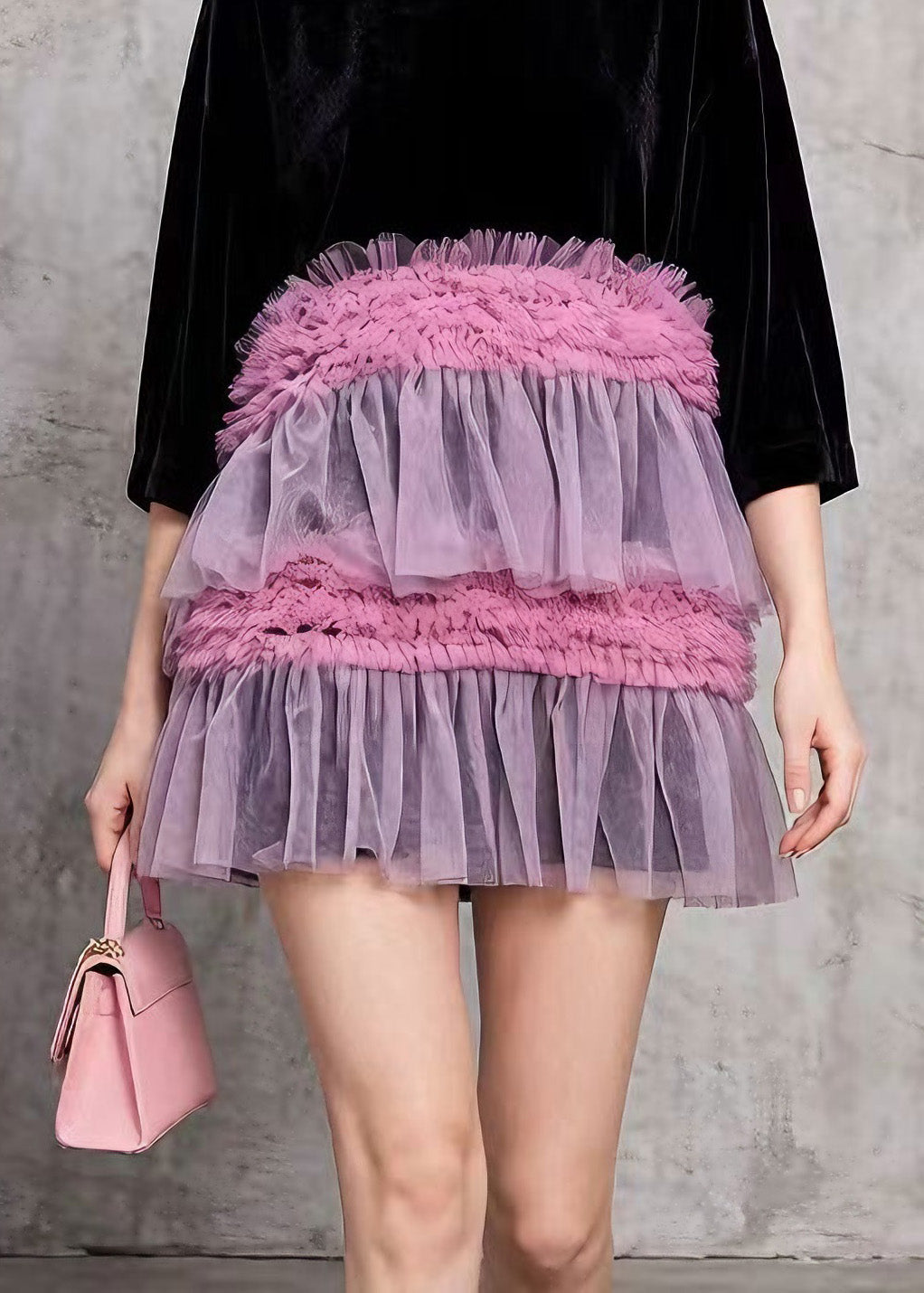 Style Black O Neck Ruffled Tulle Patchwork Velvet Mini Dress Summer 4