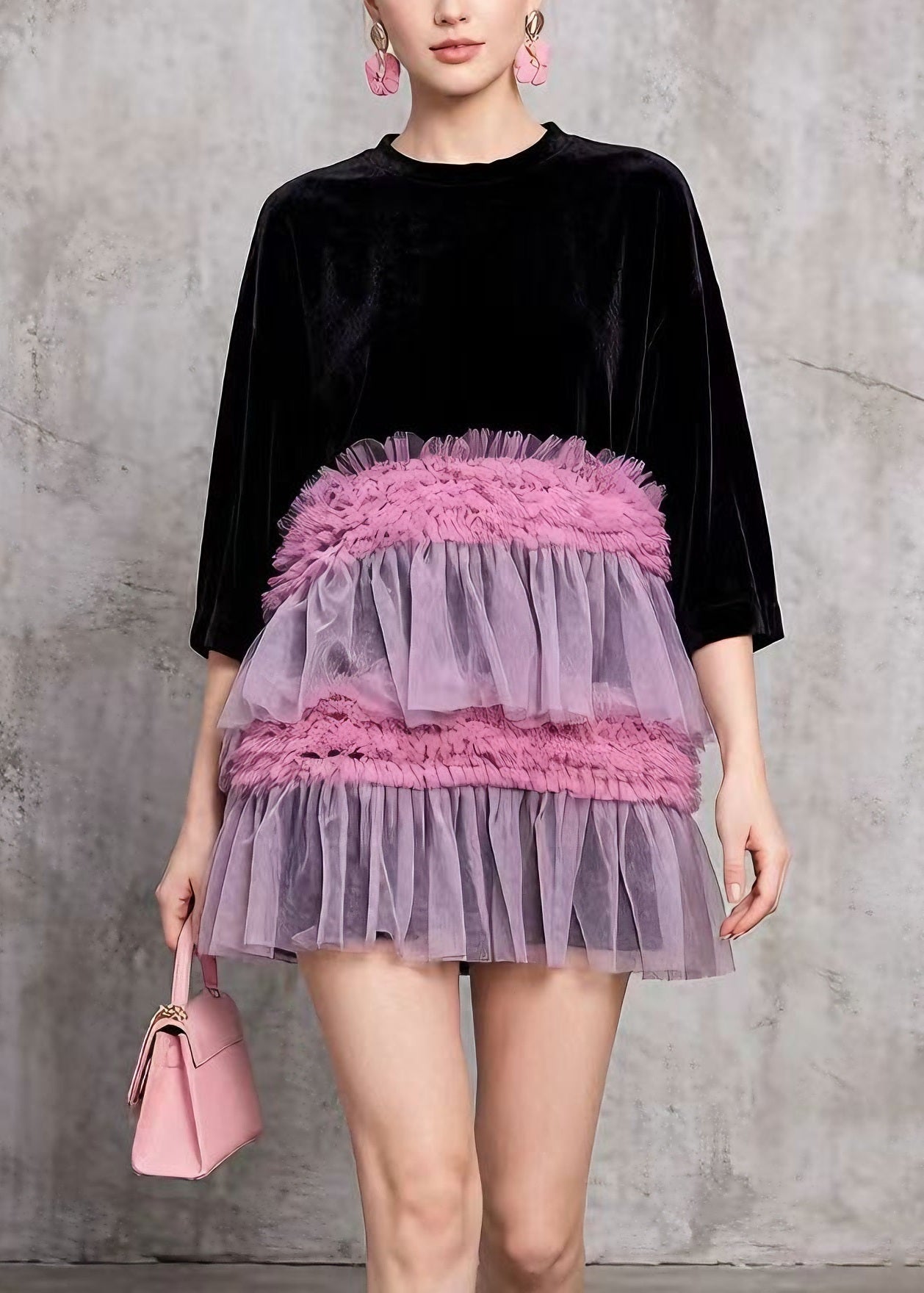 Style Black O Neck Ruffled Tulle Patchwork Velvet Mini Dress Summer 5