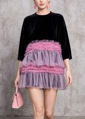 Style Black O Neck Ruffled Tulle Patchwork Velvet Mini Dress Summer 5