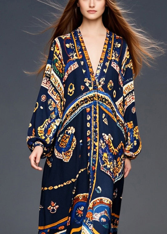 Medallion Print Deep V-Neck Blouson Long Sleeve Chiffon Maxi Dress