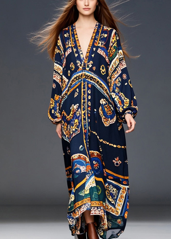 Medallion Print Deep V-Neck Blouson Long Sleeve Chiffon Maxi Dress