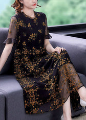 Style Black Ruffled Collar Embroideried Tulle Cinched Dress Summer 2